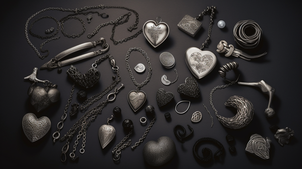 An assortment of symbolic jewellery, including rings, necklaces, and bracelets with various designs such as hearts, infinity signs, crosses, and animals, displayed on a neutral background.