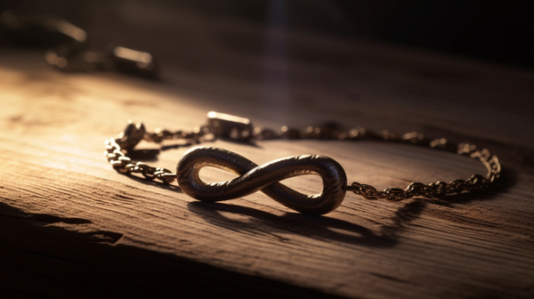 Close-up of an infinity symbol featured on a piece of jewelry, representing the concept of 'eternity', 'endless love', or 'boundless opportunities'.