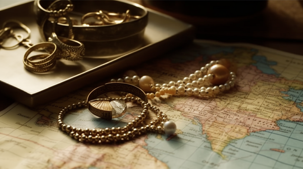 variety of jewelry pieces - including rings, necklaces, brooches, and anklets - tastefully arranged on a vintage map