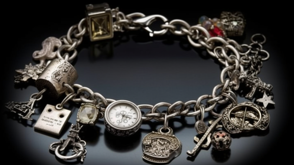 Close-up shot of a charm bracelet filled with various symbols representing personal milestones.