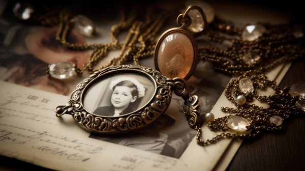 A vintage family heirloom jewellery piece on top of a faded photograph, symbolizing the legacy and memory carried by such items