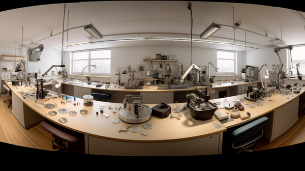 Wide-angle view of a balanced horologist's workshop, showcasing safety measures, comfort elements, and functional equipment layout