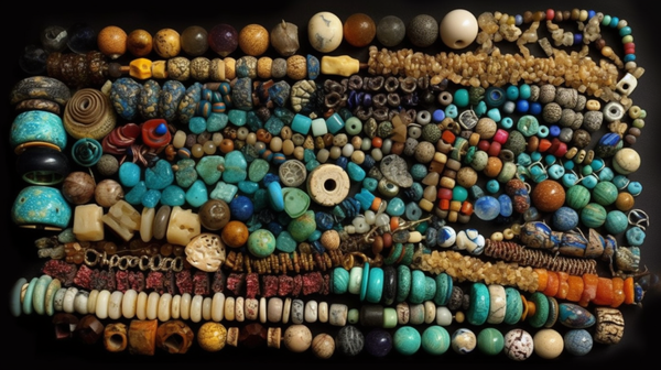 A diverse collection of beads made from various natural substances, showcasing cultural diversity in bead crafting.