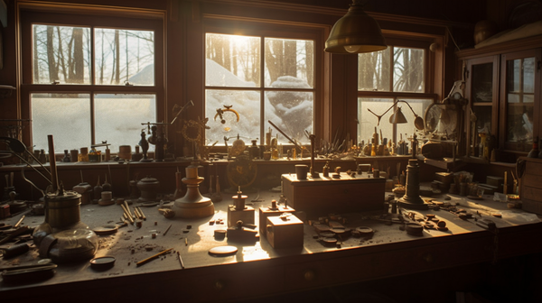 Warm morning light illuminates a horologist's workspace, pouring in through an east-facing window as the sun rises.