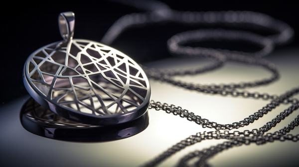 A close-up of an abstract geometric pendant, highlighting its intricate design and precision.