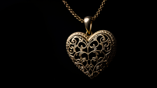 A detailed close-up of a gleaming heart-shaped pendant, highlighted against a contrasting dark background.