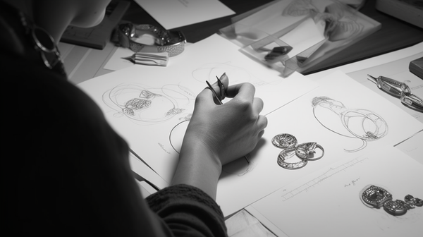 A jewellery designer immersed in the creative process, surrounded by various design sketches and pieces of jewellery, embodying the diverse concepts at play in contemporary jewellery design.