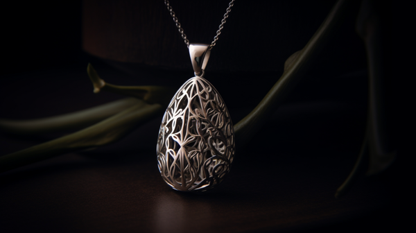 front-facing pendant hanging from a chain against a soft background