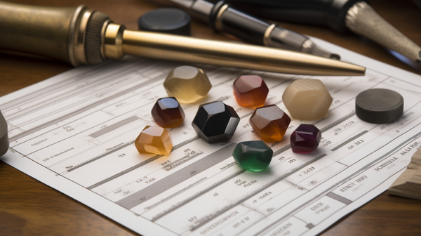 Gemmology certification prominently displayed with a set of gemmologist's tools subtly positioned in the background.