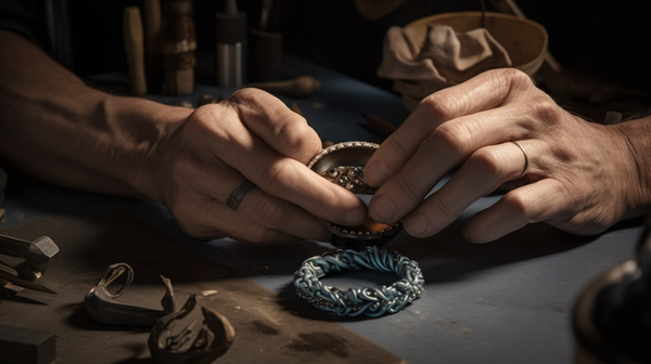 Jeweller crafting a piece of jewellery using non-traditional materials, following traditional processing techniques.