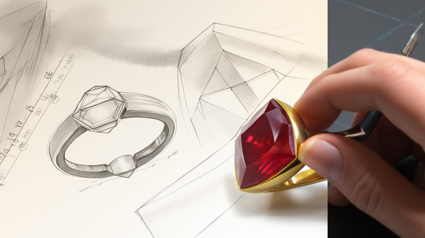 A raw gemstone laid next to a detailed sketch, representing the initial stage of the jewelry making process.