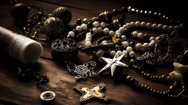 A diverse collection of religious symbol jewelry on a textured surface, showcasing their unique designs and spiritual significance.