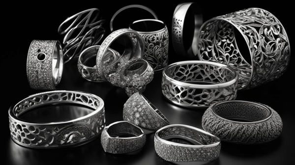 An assortment of visually striking contemporary jewellery, including oversized rings, large earrings, and tight chokers, displayed on a neutral background.