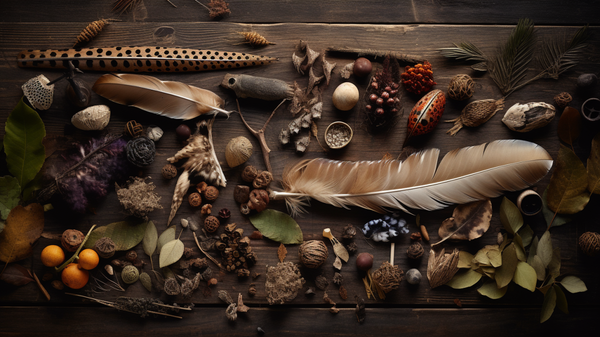 A diverse collection of natural substances, including animal bones, teeth, feathers, seeds, leaves, and beetle wings, spread across a rustic wooden surface, representing the materials used in early human ornamentation