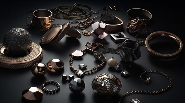 An array of contemporary jewellery pieces showcasing diverse materials and design styles, symbolising the wide-ranging themes and concerns present in today's society.