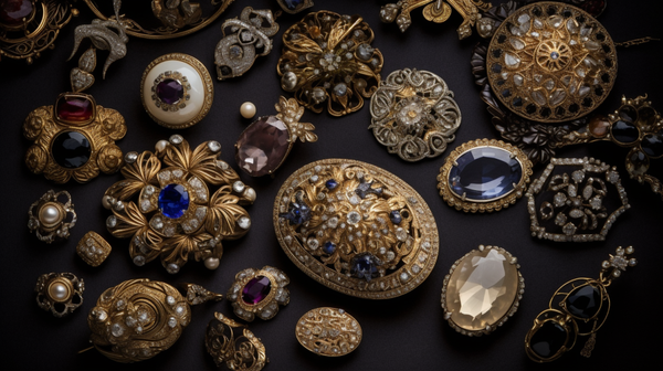 variety of front-facing jewelry pieces (brooches, buttons, clips, pendants, medals)