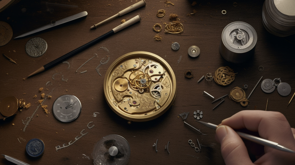 Capture an overhead shot of an antique watch being disassembled on a watchmaker's table