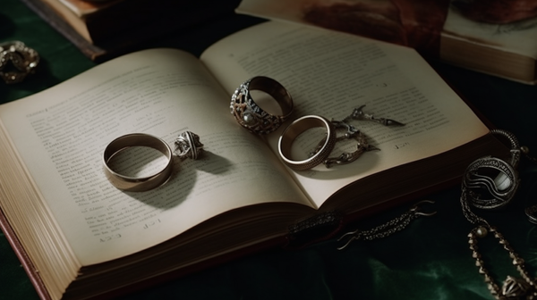 Overhead view of a book on symbolism in visual arts surrounded by various pieces of symbolic jewelry.