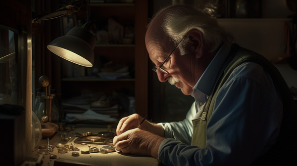 A focused horologist enjoys the bright morning light and the serene view of the sunrise while working in the workshop.