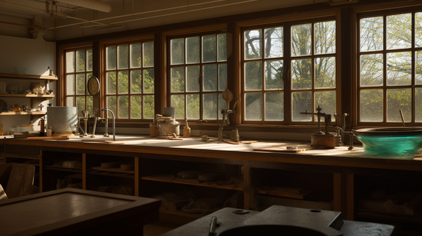West side of the horologist's workshop, featuring water sinks and wet benches before a large window, bathed in warm afternoon light.