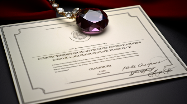 Certificate of Authenticity issued by a gemmologist laid out on a table with a gemstone and jewellery