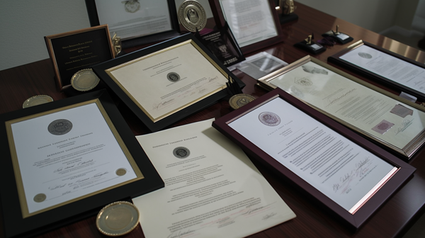 Several gemmology certificates from renowned institutions displayed on a table, symbolizing the educational path towards becoming a certified gemologist.