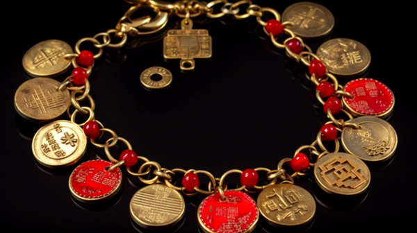 Charm bracelet with Chinese coin charms against a red velvet background