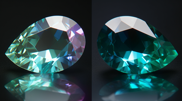 A side-by-side comparison of two gemstones of the same type, one with visible inclusions and another with high clarity, to illustrate the impact of inclusions on gemstone clarity.