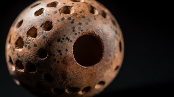 Close-up view of an ancient stone bead, highlighting its detailed texture and central perforation.