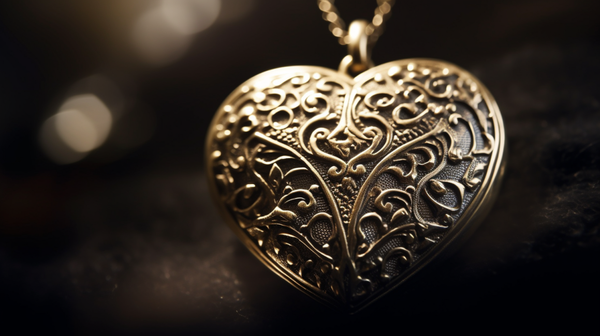 Close-up shot of a detailed heart-shaped pendant, symbolizing love, in a gold setting, beautifully illuminated in natural light.