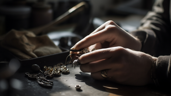 Close-up of a jeweller's hands meticulously crafting a piece of jewellery, depicting the precision and artistry involved in jewellery making.