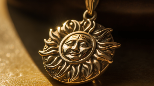 Close-up of a sun figure pendant, a powerful symbol of energy and fertility in many cultures.