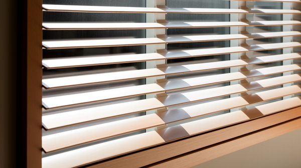 Close-up of a large east-facing window with horizontal louvres, bright daylight streaming into the workshop.