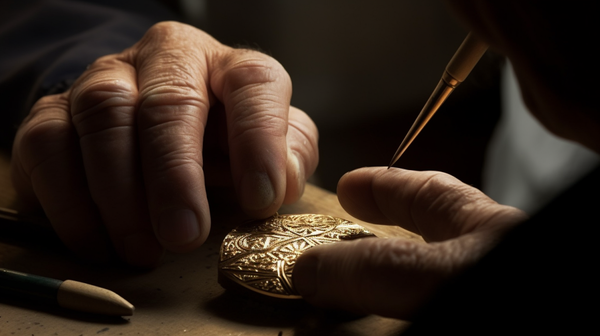 Artisan meticulously carving a symbol into a pendant, showcasing the intricate process of incorporating symbolism in jewellery.