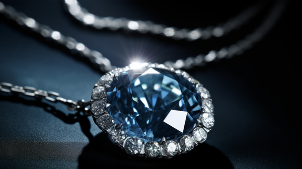 Close-up of the Hope Diamond with its intricate setting against a neutral background.