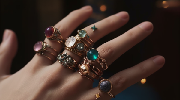 Close-up of a hand wearing several rings with different gemstones, each representing a different astrological sign, holding a star chart.