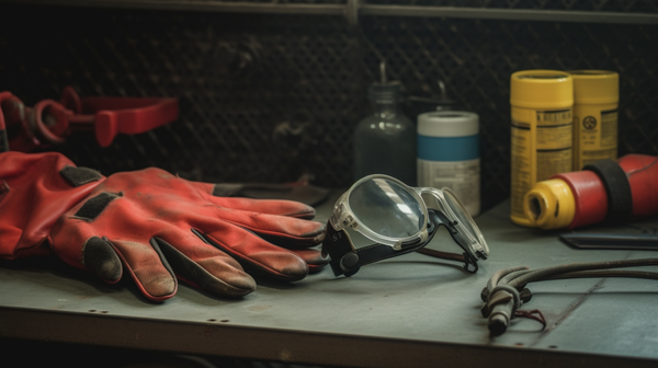 Close-up of safety equipment in a horologist's workshop including a fire extinguisher, chemical resistant gloves, and safety glasses.