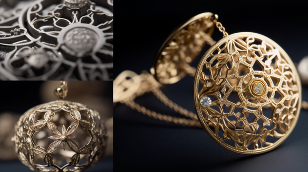 Close-up shots of contemporary jewellery pieces, highlighting the fusion of traditional techniques and innovative technologies.