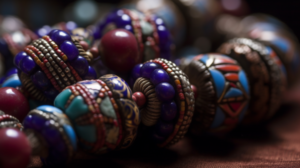 Close-up view of intricate beads, highlighting their detailed craftsmanship and unique textures.