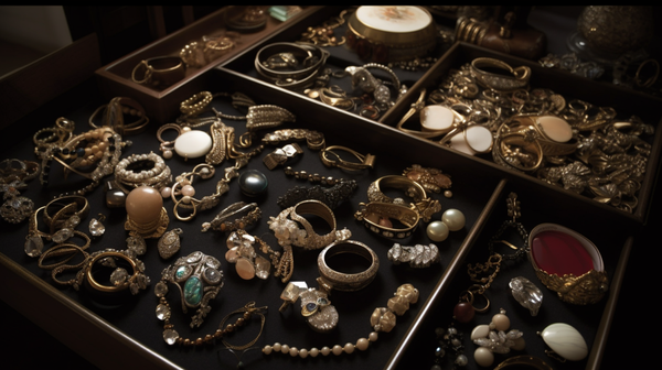 Wide-angle shot of a diverse collection of jewelry, ranging from delicate necklaces to ornate rings, each piece showcasing unique design elements and materials.