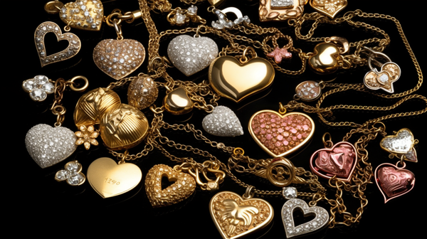 An array of heart-shaped jewelry in various designs and materials, including necklaces, earrings, bracelets, and rings.