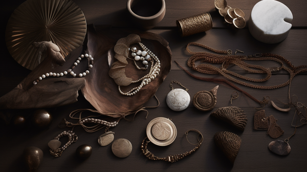 collection of traditional nomadic jewelry alongside modern pieces influenced by nomadic design, symbolizing the timeless influence and evolution of the craft