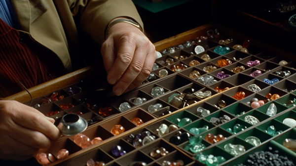 A collector meticulously examining a variety of gemstones, reflecting the importance of understanding gemmology for collectors.