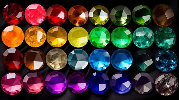 An array of colorful gemstones, arranged to represent a color spectrum, demonstrating the diverse hues found in gemstones.