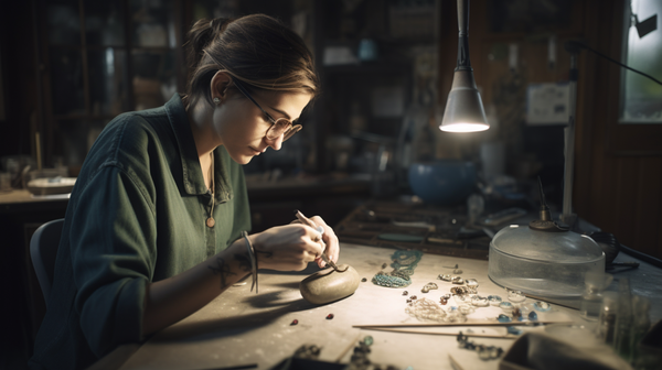 Portrait of a contemporary jeweler immersed in creating a unique design in their artistic studio