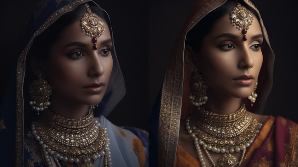 Side-by-side comparison of a traditional ethnic jewellery piece and a contemporary piece inspired by the same techniques or cultural background.