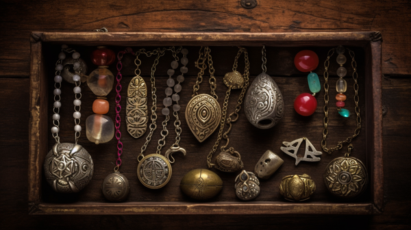 A diverse collection of culturally significant amulets arranged on a rustic backdrop, showcasing the unique designs and materials of each piece.
