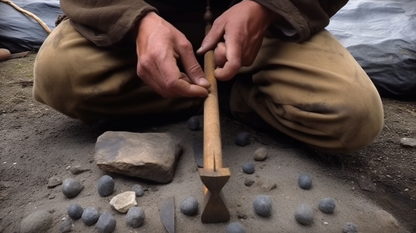 Recreation of the use of a bow drill in action, demonstrating the progression of early jewelry-making techniques.