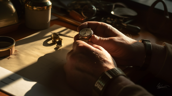 Close-up of horologist's hands working on a timepiece under the warm glow of late-afternoon sunlight.