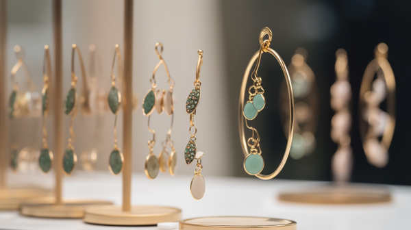 Different styles of earrings displayed on a stand against a soft, blurred background.